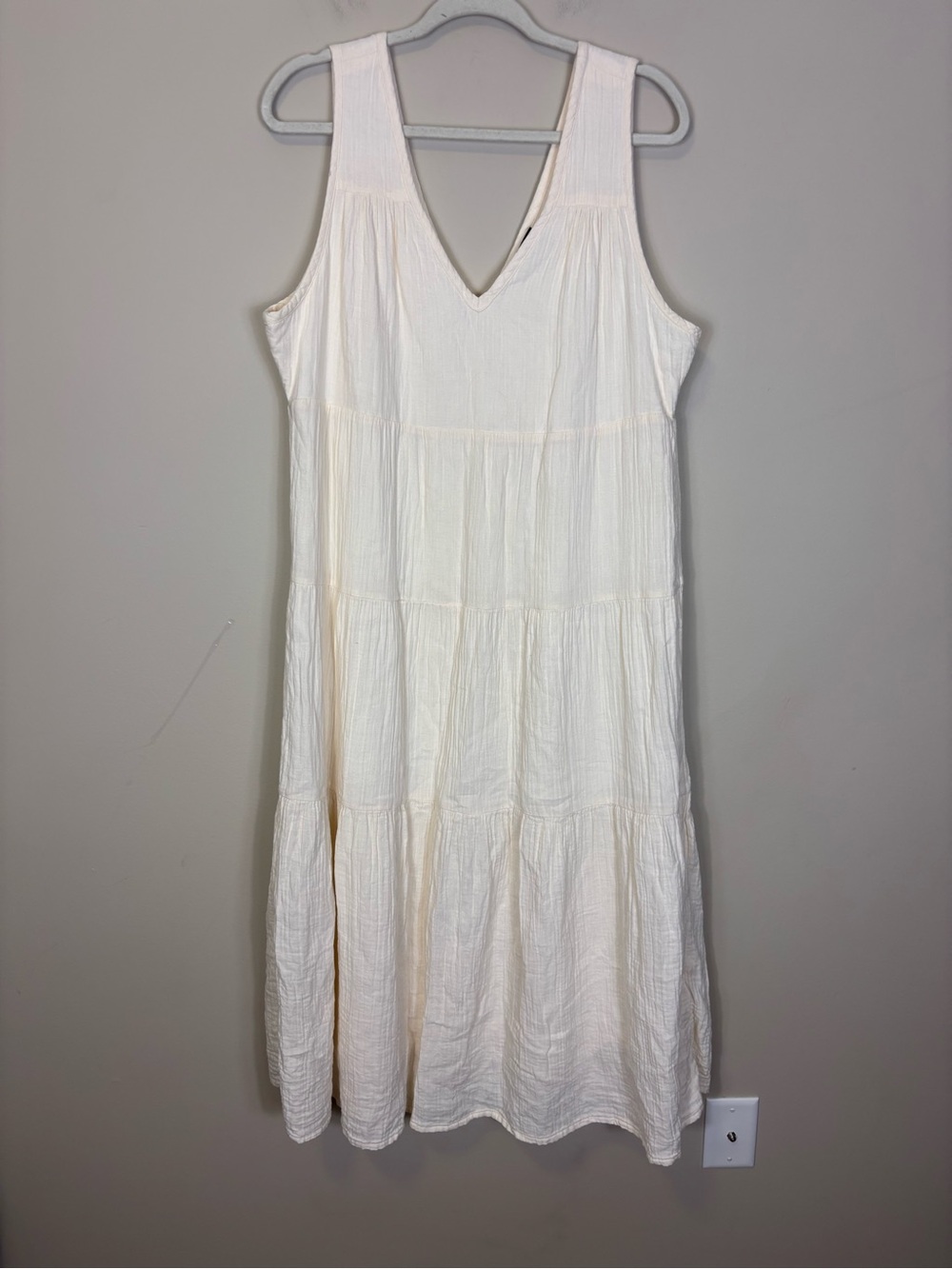 Quince Ivory Tiered Gauze Cotton V-Neck Sleeveless MIDI Dress Large
